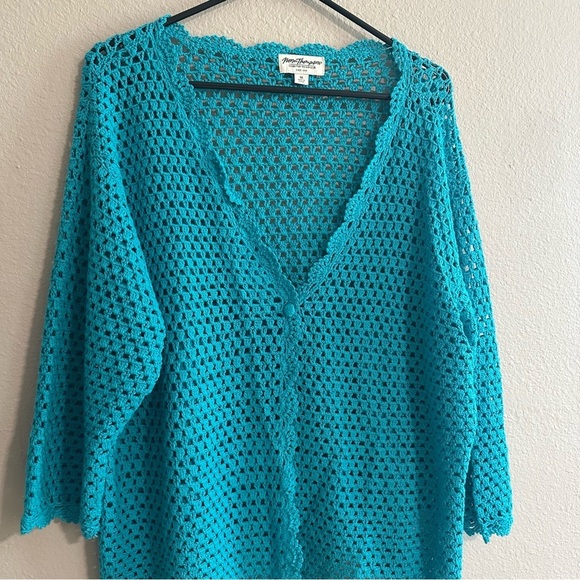 Vintage Norm Thompson Linen Blend Crochet Cardigan - Picture 2 of 6
